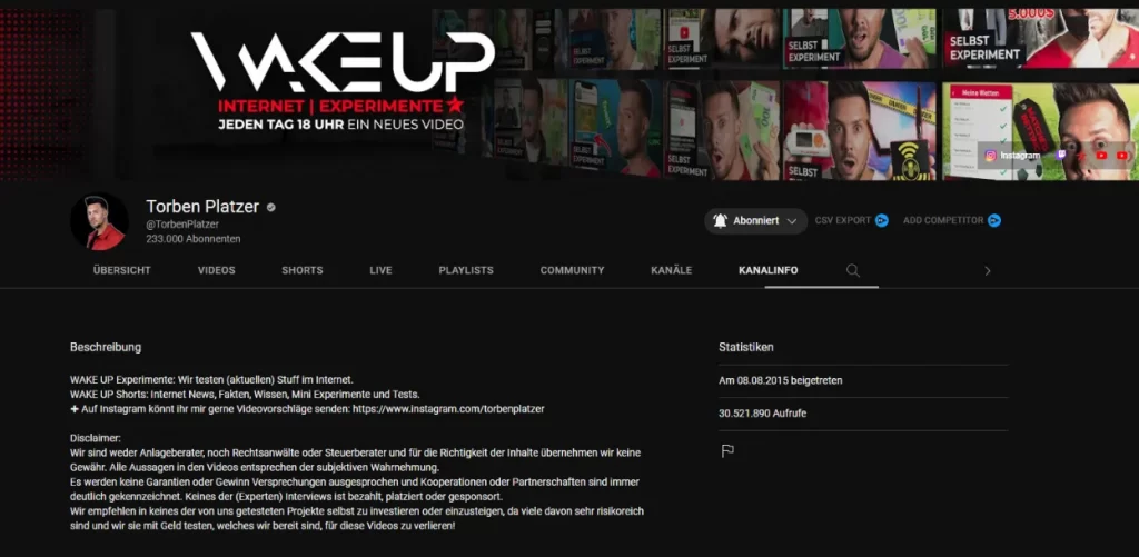 Geld verdienen auf YouTube  - Kanal Beispiel