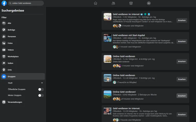 Facebook-Gruppen zum Thema online Geld verdienen