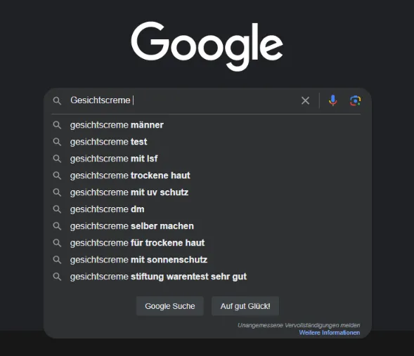 Google Suggest für Gesichtscreme