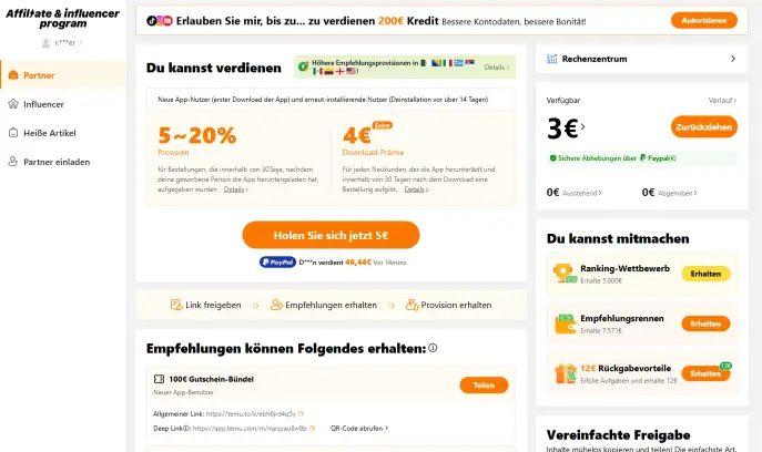 Temu Affiliate Programm Dashboard