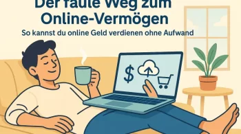 Eine entspannte, junge Person liegt auf einem Sofa mit einem Laptop auf dem Schoß, eine Tasse Kaffee in der Hand. Auf dem Bildschirm sind einfache Symbole für Geld, Uploads und passive Einnahmen zu sehen (z. B. ein Dollarzeichen, ein Cloud-Symbol mit Pfeil nach oben, ein Einkaufswagen). Im Hintergrund sonniges Tageslicht, eine Pflanze auf dem Tisch – die Szene vermittelt Leichtigkeit, Effizienz und Wohlfühlatmosphäre.