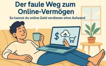 Eine entspannte, junge Person liegt auf einem Sofa mit einem Laptop auf dem Schoß, eine Tasse Kaffee in der Hand. Auf dem Bildschirm sind einfache Symbole für Geld, Uploads und passive Einnahmen zu sehen (z. B. ein Dollarzeichen, ein Cloud-Symbol mit Pfeil nach oben, ein Einkaufswagen). Im Hintergrund sonniges Tageslicht, eine Pflanze auf dem Tisch – die Szene vermittelt Leichtigkeit, Effizienz und Wohlfühlatmosphäre.