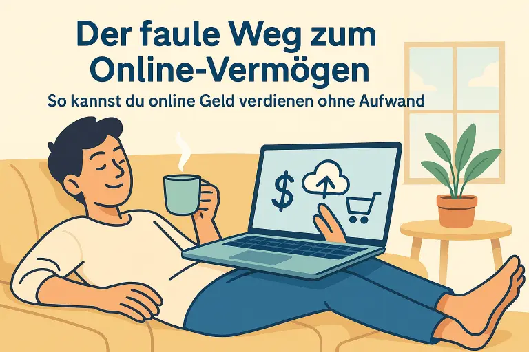 Eine entspannte, junge Person liegt auf einem Sofa mit einem Laptop auf dem Schoß, eine Tasse Kaffee in der Hand. Auf dem Bildschirm sind einfache Symbole für Geld, Uploads und passive Einnahmen zu sehen (z. B. ein Dollarzeichen, ein Cloud-Symbol mit Pfeil nach oben, ein Einkaufswagen). Im Hintergrund sonniges Tageslicht, eine Pflanze auf dem Tisch – die Szene vermittelt Leichtigkeit, Effizienz und Wohlfühlatmosphäre.