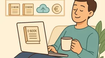 entspannten Person mit Laptop auf dem Schoß, im Hintergrund ein virtuelles Bücherregal mit Mini-E-Books, daneben Upload und Eurozeichen Icons