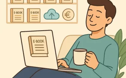 entspannten Person mit Laptop auf dem Schoß, im Hintergrund ein virtuelles Bücherregal mit Mini-E-Books, daneben Upload und Eurozeichen Icons